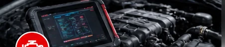 Illustrative diagnostic tablet beside a vehicle engine