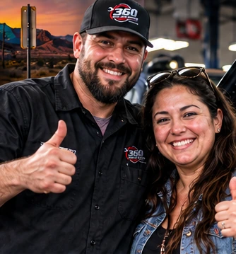 AI-generated illustrative scene of two smiling adults at a vehicle workshop; not actual customers or staff
