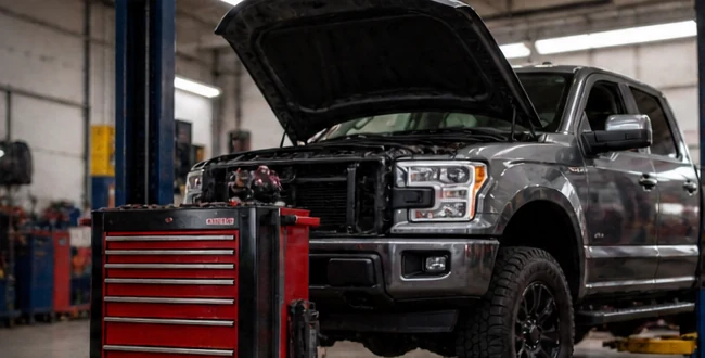 Illustrative pickup truck with its hood open in a workshop